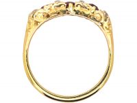 Edwardian 18ct Gold, Three Stone Ruby & Diamond Carved Half Hoop Ring