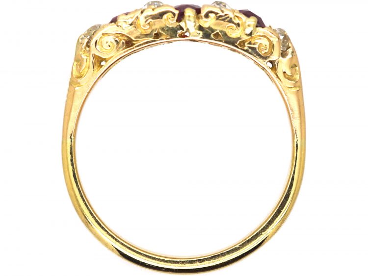 Edwardian 18ct Gold, Three Stone Ruby & Diamond Carved Half Hoop Ring