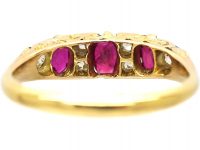 Edwardian 18ct Gold, Three Stone Ruby & Diamond Carved Half Hoop Ring