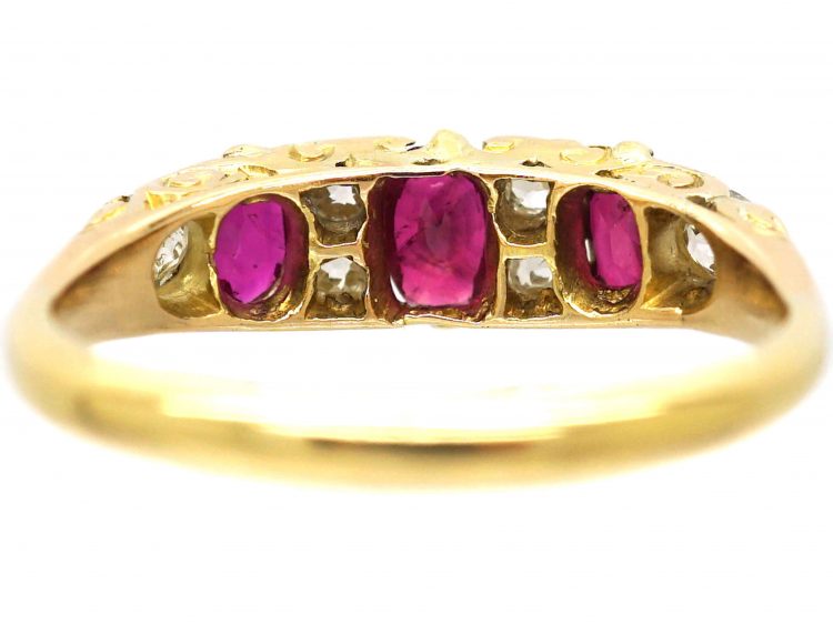Edwardian 18ct Gold, Three Stone Ruby & Diamond Carved Half Hoop Ring