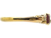 Edwardian 18ct Gold, Three Stone Ruby & Diamond Carved Half Hoop Ring