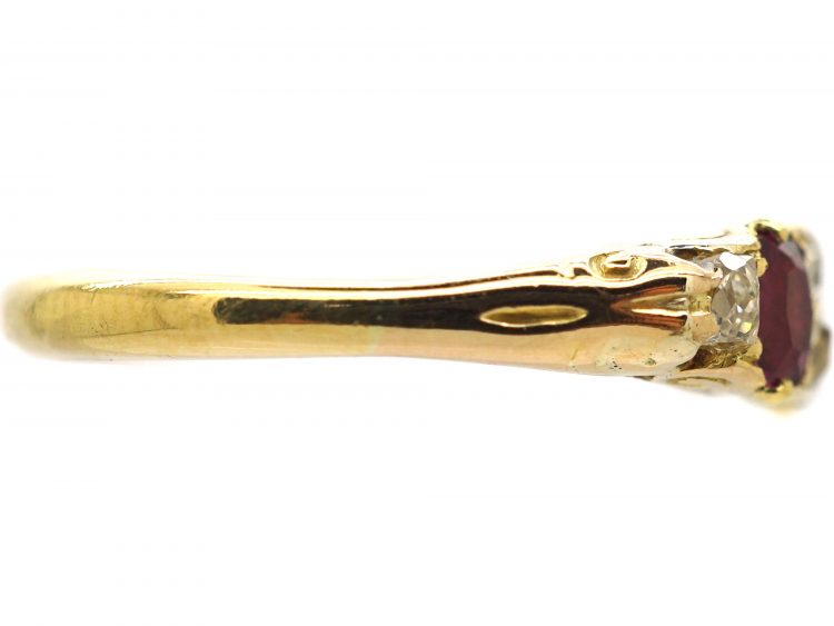 Edwardian 18ct Gold, Three Stone Ruby & Diamond Carved Half Hoop Ring