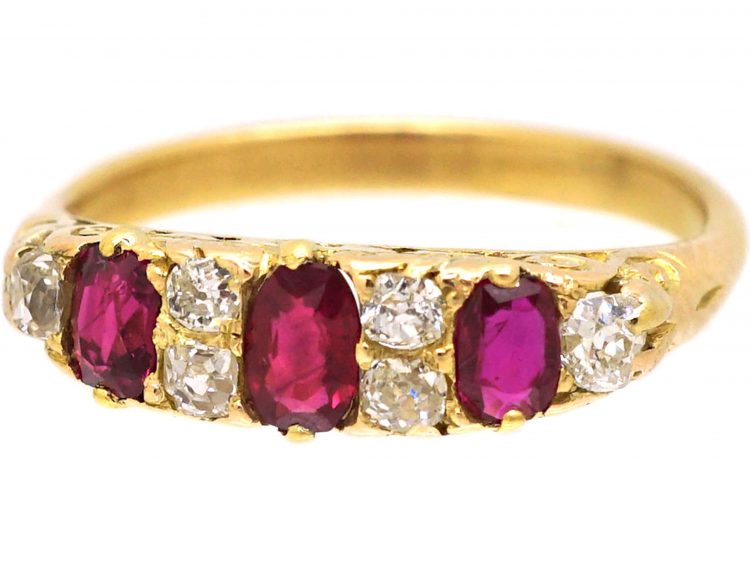 Edwardian 18ct Gold, Three Stone Ruby & Diamond Carved Half Hoop Ring