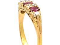 Edwardian 18ct Gold, Three Stone Ruby & Diamond Carved Half Hoop Ring