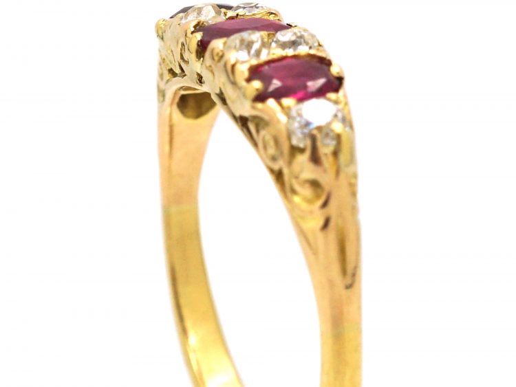 Edwardian 18ct Gold, Three Stone Ruby & Diamond Carved Half Hoop Ring