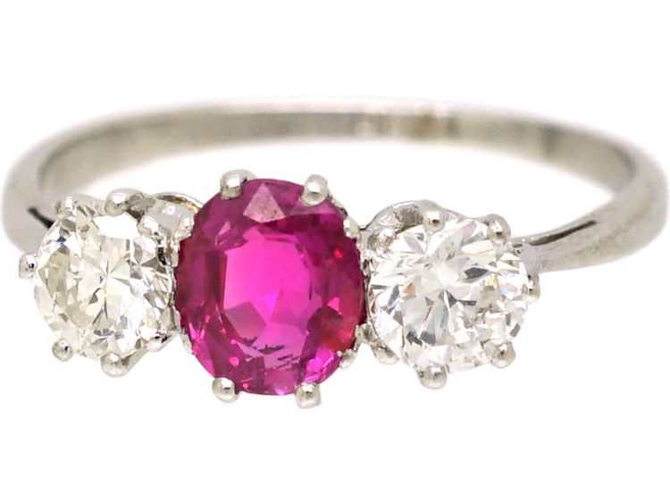 Edwardian Platinum,Three Stone Pink Sapphire & Diamond Ring