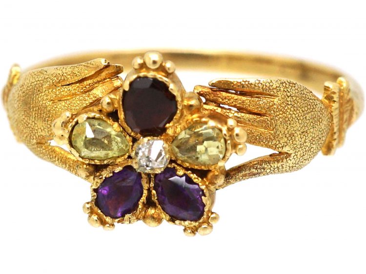Georgian 15ct Gold Fede Ring with Pansy set with Gemstones