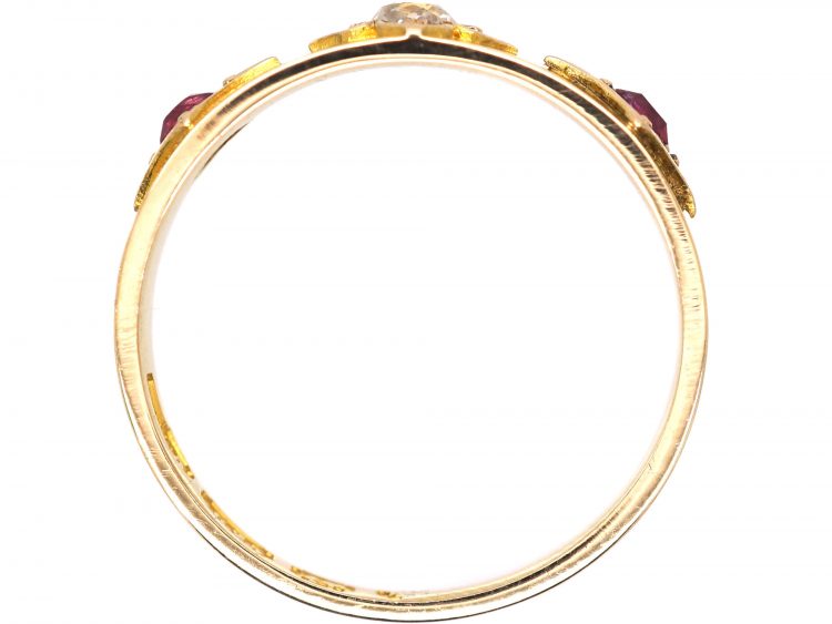Edwardian 15ct Gold Ring with Ornate Settings set with Two Rubies & One Old Mine Cut Diamond
