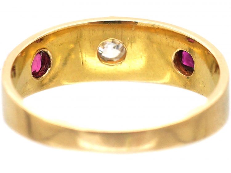 Edwardian 15ct Gold Ring with Ornate Settings set with Two Rubies & One Old Mine Cut Diamond