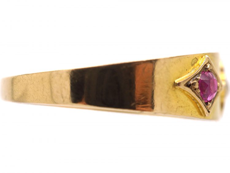 Edwardian 15ct Gold Ring with Ornate Settings set with Two Rubies & One Old Mine Cut Diamond