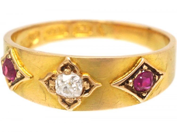 Edwardian 15ct Gold Ring with Ornate Settings set with Two Rubies & One Old Mine Cut Diamond