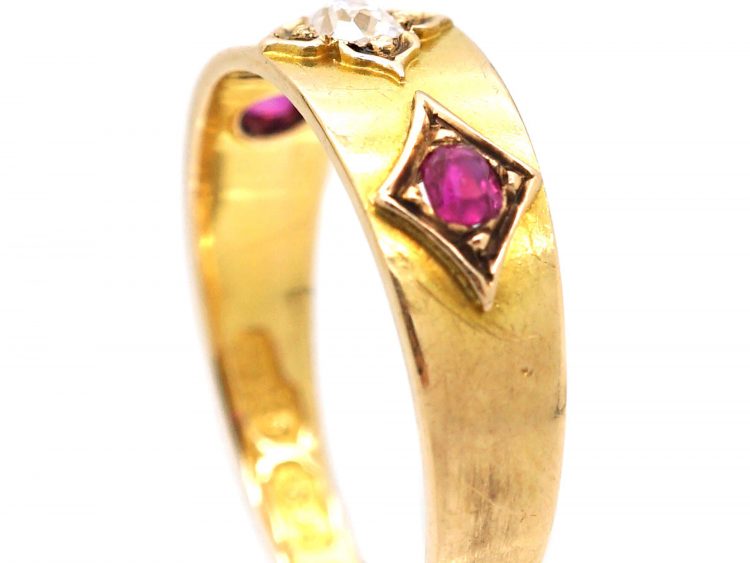Edwardian 15ct Gold Ring with Ornate Settings set with Two Rubies & One Old Mine Cut Diamond
