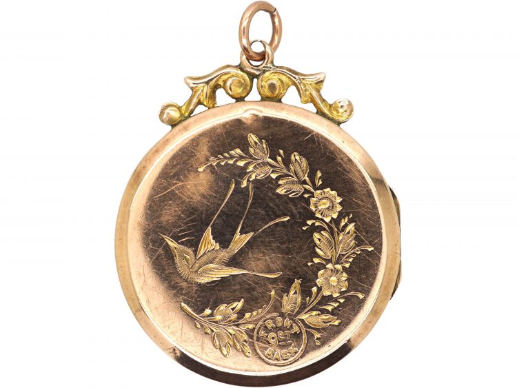 Edwardian 9ct Back & Front Round Locket with Flower Basket & Swallow Detail