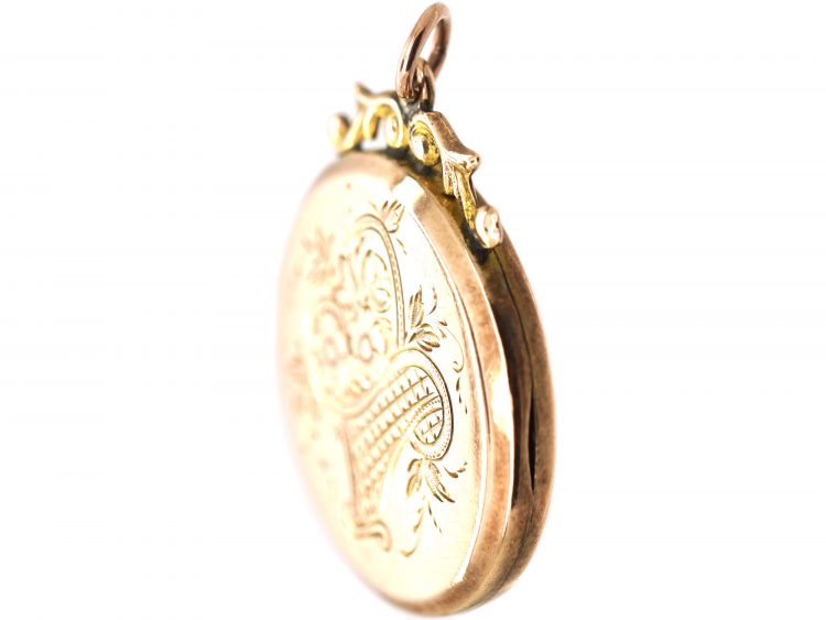 Edwardian 9ct Back & Front Round Locket with Flower Basket & Swallow Detail