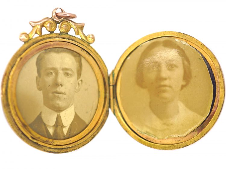 Edwardian 9ct Back & Front Round Locket with Flower Basket & Swallow Detail