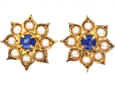 9ct Gold, Sapphire & Split Pearls Daisy Cluster Earrings by Cropp & Farr