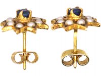 9ct Gold, Sapphire & Split Pearls Daisy Cluster Earrings by Cropp & Farr