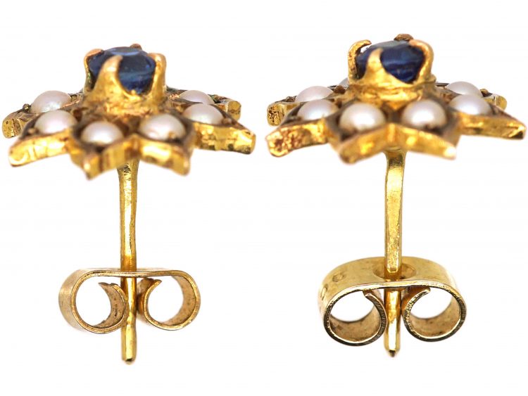 9ct Gold, Sapphire & Split Pearls Daisy Cluster Earrings by Cropp & Farr