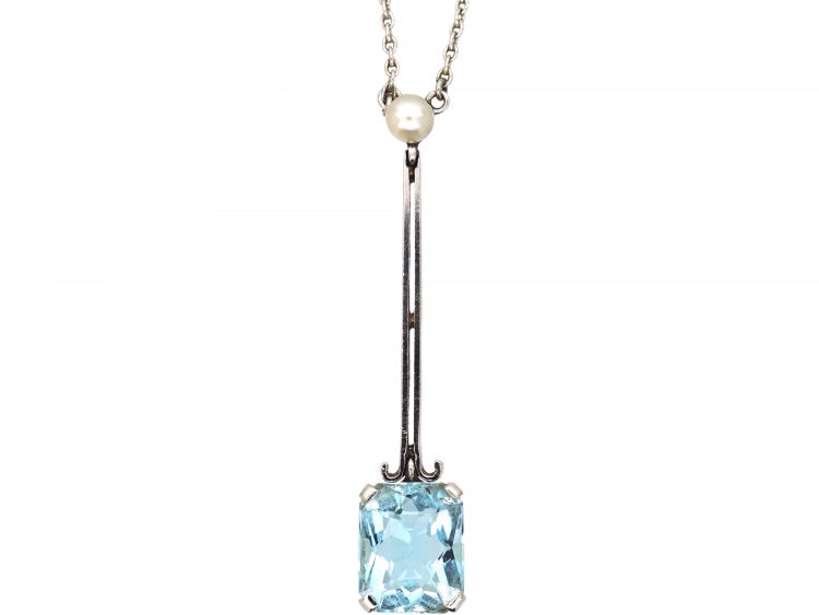 Art Deco 18ct White Gold Aquamarine & Natural Pearl Pendant on 18ct White Gold Chain