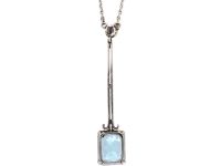 Art Deco 18ct White Gold Aquamarine & Natural Pearl Pendant on 18ct White Gold Chain