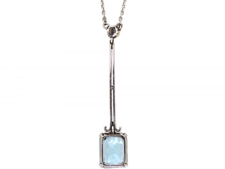 Art Deco 18ct White Gold Aquamarine & Natural Pearl Pendant on 18ct White Gold Chain