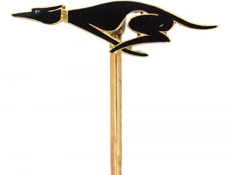 Art Deco 18ct & Black Enamel Gold Tie Pin of a Greyhound in Original Case