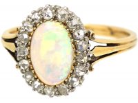 Edwardian 18ct Gold Opal & Rose Diamond Cluster Ring