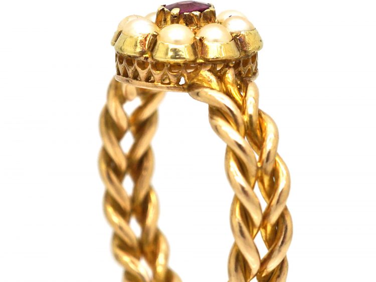 Edwardian 18ct Gold Illusion Ring with Ruby & Pearl Cluster