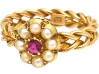Edwardian 18ct Gold Illusion Ring with Ruby & Pearl Cluster