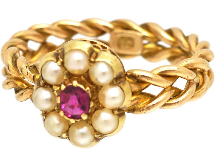 Edwardian 18ct Gold Illusion Ring with Ruby & Pearl Cluster