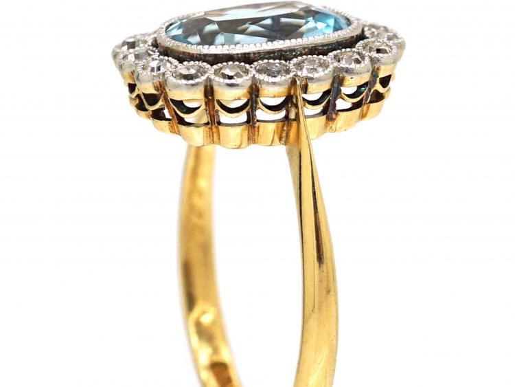 Edwardian 18ct Gold & Platinum, Aquamarine & Diamond Oval Cluster Ring