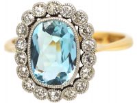 Edwardian 18ct Gold & Platinum, Aquamarine & Diamond Oval Cluster Ring