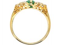 Victorian 18ct Gold, Emerald & Diamond Three Stone Carved Half Hoop Ring