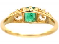 Victorian 18ct Gold, Emerald & Diamond Three Stone Carved Half Hoop Ring