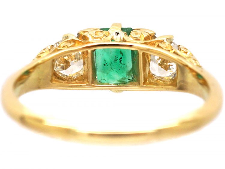 Victorian 18ct Gold, Emerald & Diamond Three Stone Carved Half Hoop Ring