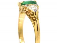 Victorian 18ct Gold, Emerald & Diamond Three Stone Carved Half Hoop Ring
