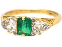 Victorian 18ct Gold, Emerald & Diamond Three Stone Carved Half Hoop Ring