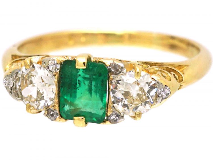 Victorian 18ct Gold, Emerald & Diamond Three Stone Carved Half Hoop Ring