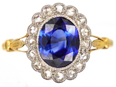 Edwardian 18ct Gold & Platinum, Sapphire & Rose Diamond Oval Cluster Ring
