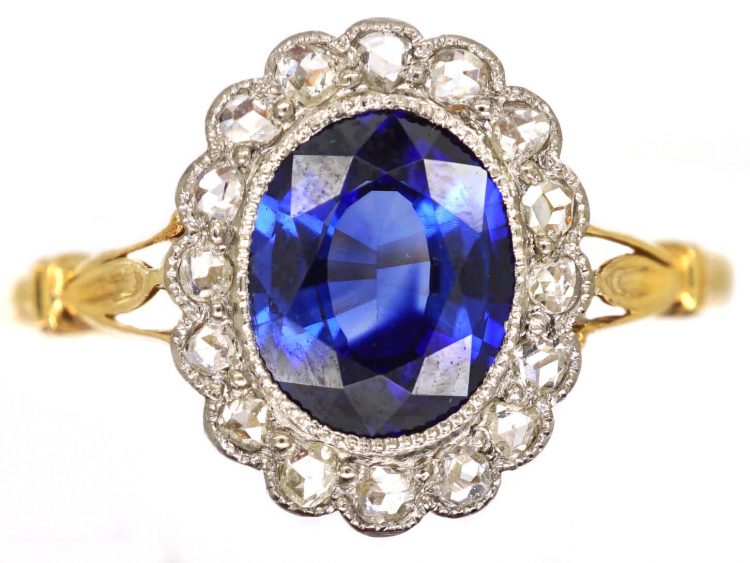 Edwardian 18ct Gold & Platinum, Sapphire & Rose Diamond Oval Cluster Ring