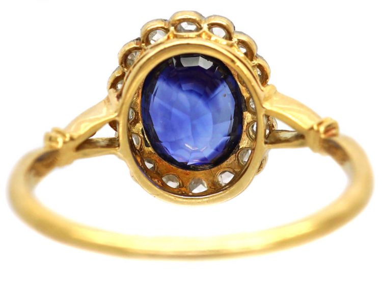 Edwardian 18ct Gold & Platinum, Sapphire & Rose Diamond Oval Cluster Ring
