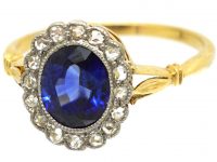 Edwardian 18ct Gold & Platinum, Sapphire & Rose Diamond Oval Cluster Ring