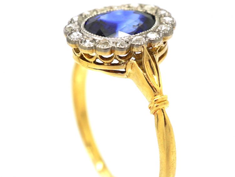 Edwardian 18ct Gold & Platinum, Sapphire & Rose Diamond Oval Cluster Ring