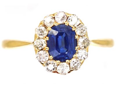 Edwardian 18ct Gold, Sapphire & Diamond Oval Cluster Ring
