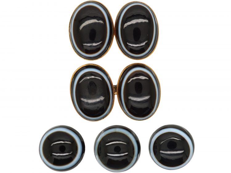 Victorian 18ct Gold & Banded Onyx Cufflinks & Buttons set in Original Case