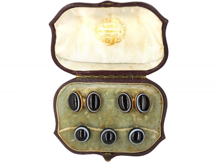 Victorian 18ct Gold & Banded Onyx Cufflinks & Buttons set in Original Case