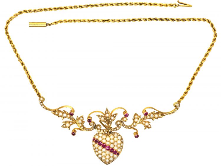 Edwardian 15ct Gold Heart Necklace set with Rubies & Natural Split Pearls in Original Case