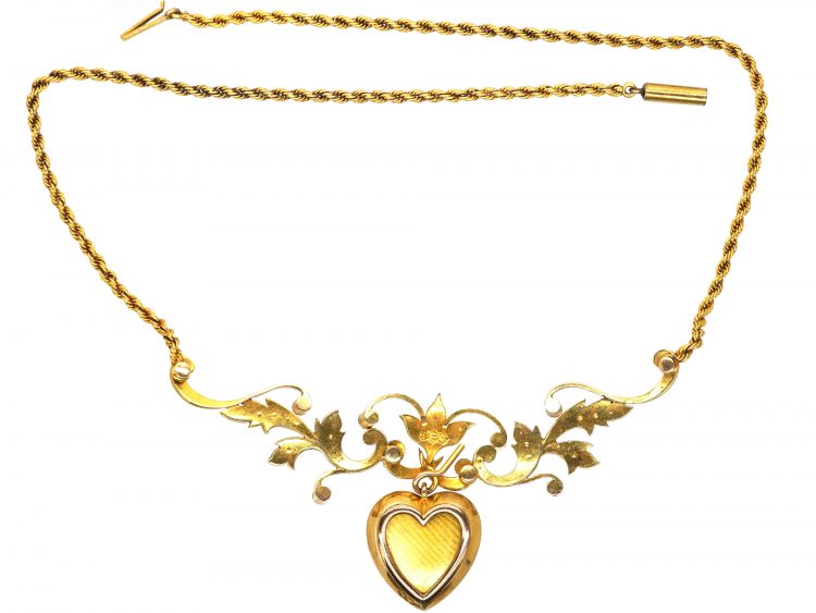 Edwardian 15ct Gold Heart Necklace set with Rubies & Natural Split Pearls in Original Case
