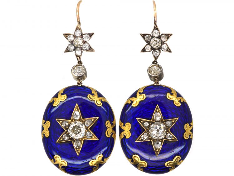 Victorian 18ct Gold & Silver Royal Blue Enamel & Diamond Star Earrings