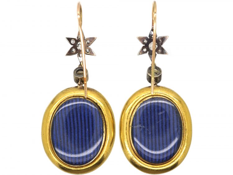 Victorian 18ct Gold & Silver Royal Blue Enamel & Diamond Star Earrings